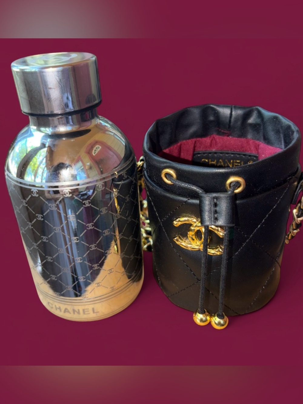 🆕 CHANEL 🩶 CC Stainless Steel💧Water Bottle with ✨ Leather Holder Carrier Bag 🖤
